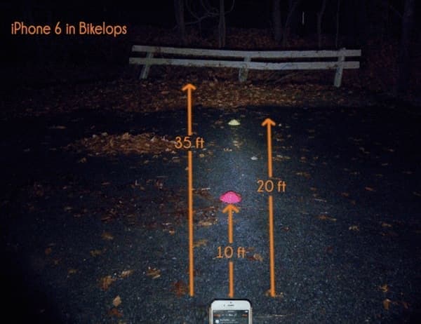 「Bikelops」を取り付けたときの明るさ　　約10.67メート先のガードレールが視認可能