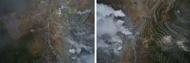 砂防施設のようす（左）、噴気の状況（右）などを調べた（写真提供：国土交通省）