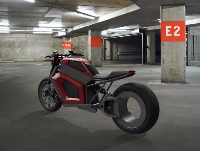 リアにハブレスホイールを採用した電動バイク、RMK Vehiclesの「E2」