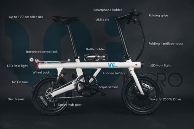 立てて収納する電動アシスト自転車「UNI Micro」