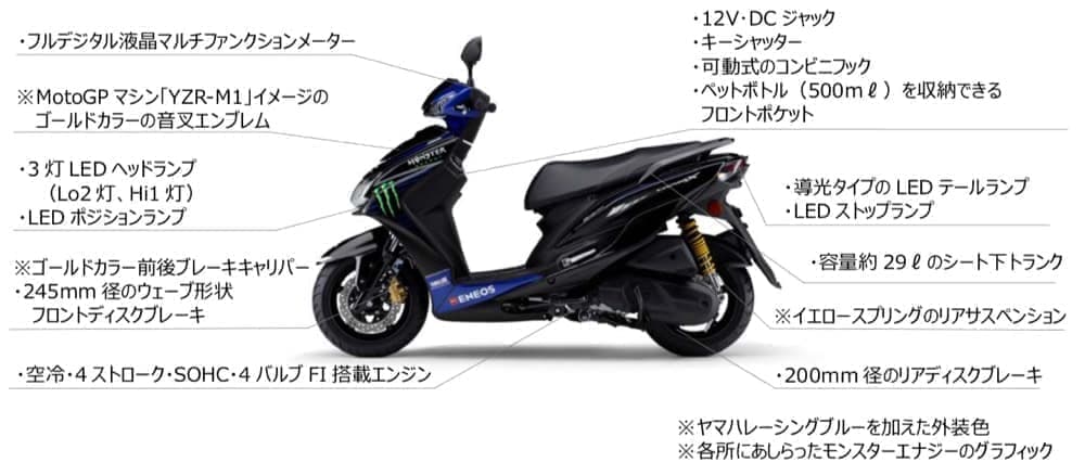 ヤマハ「CYGNUS-X」に、MotoGPマシン「YZR-M1」のイメージを再現した限定モデル「Monster Energy Yamaha MotoGP Edition」
