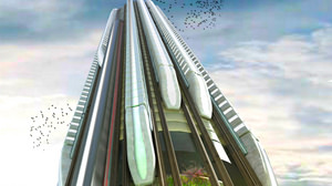 電車を高層ビルから“吊り下げる”「Hyper-Speed Vertical Train Hub」