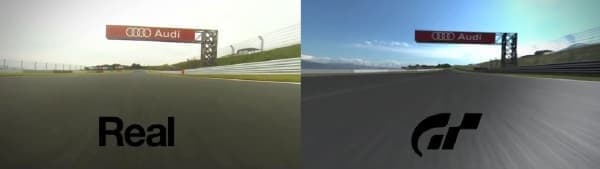 左：車載カメラからの映像、右：『グランツーリスモ 6』での再現映像