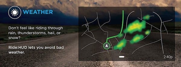 「NUVIZ Ride:HUD」の気象情報提供機能　　雨雲が発生している場所がわかる